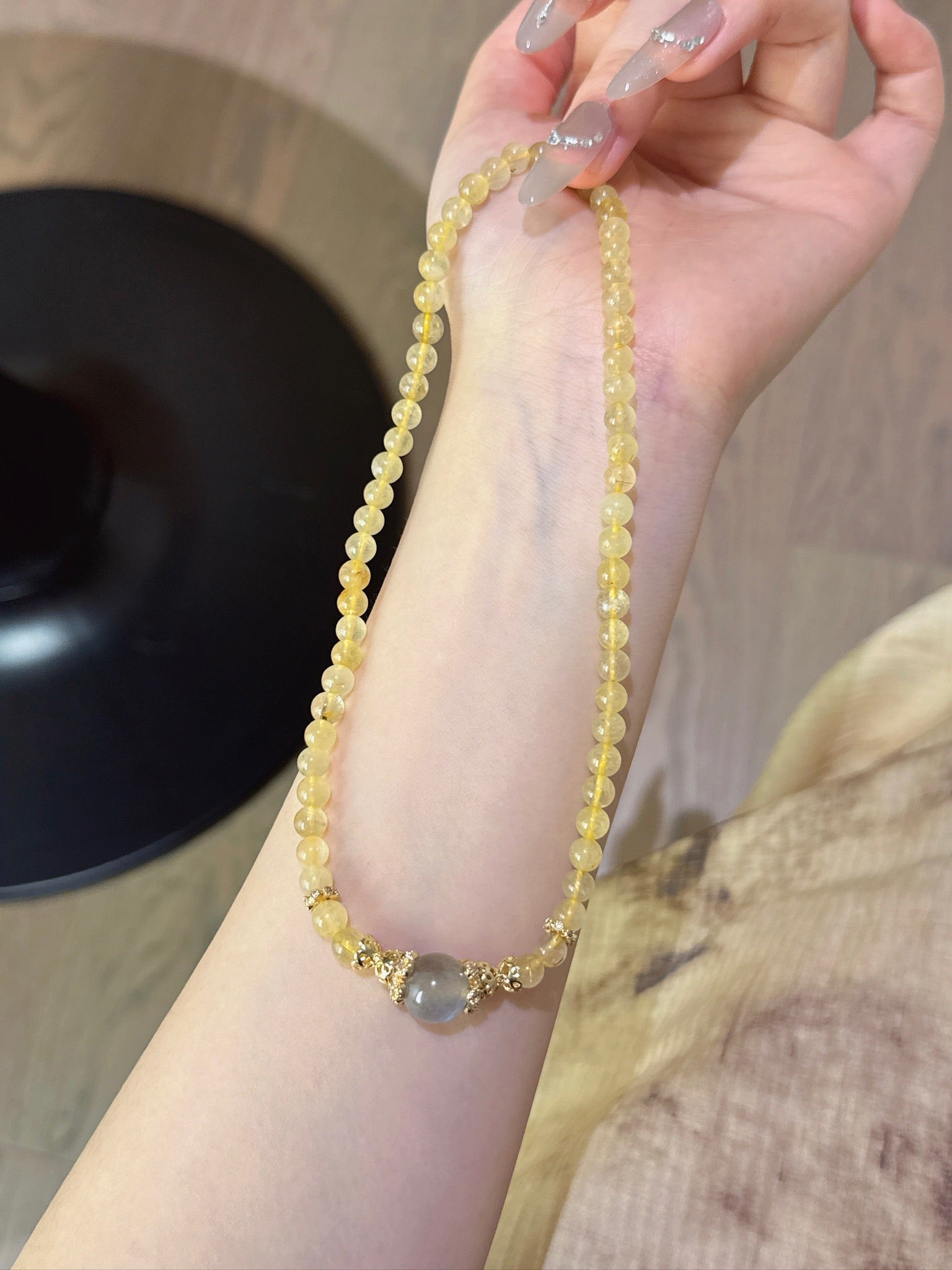 Golden Rutilated Quartz &amp; Gray Moonstone Bracelet