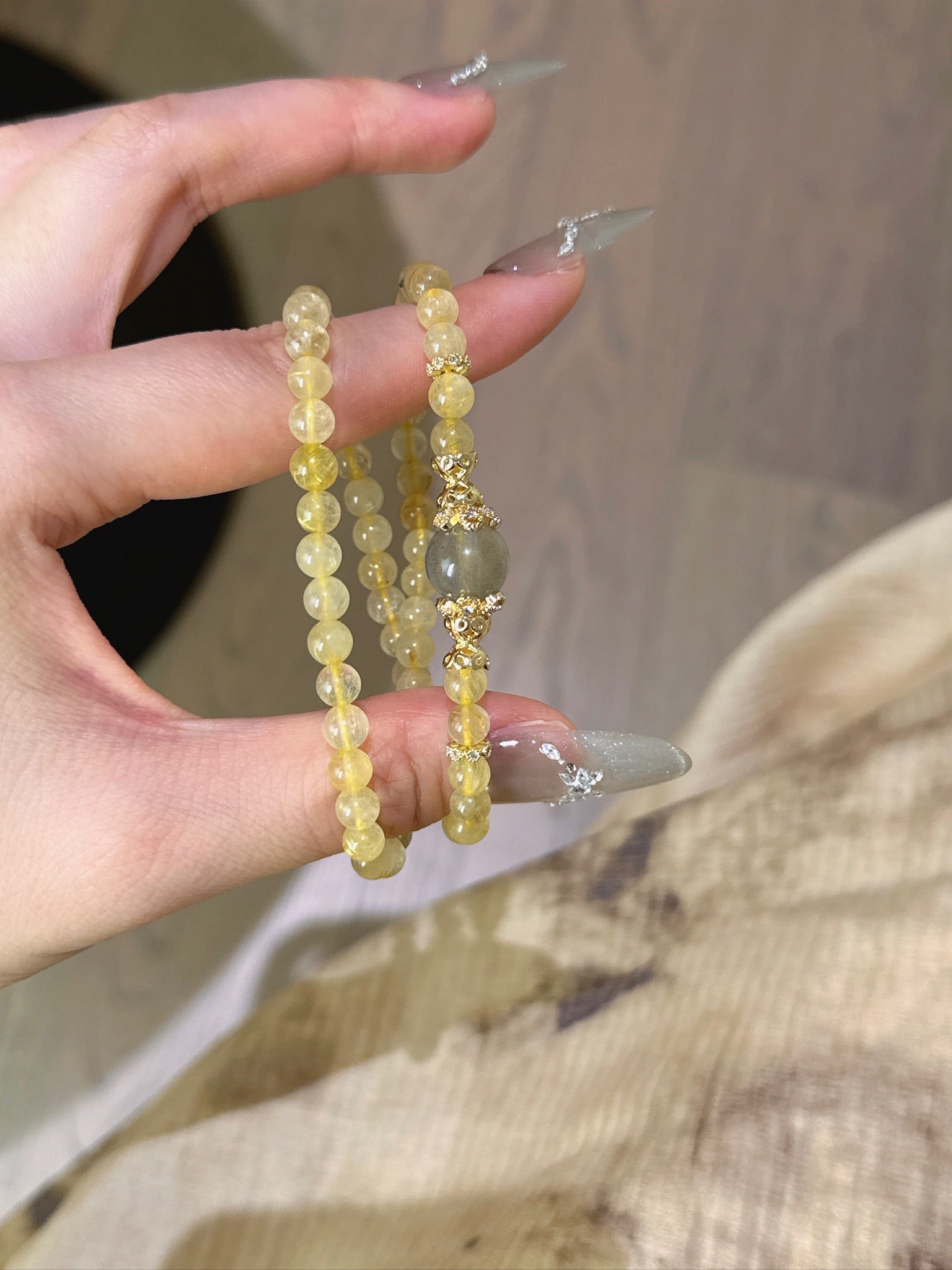 Golden Rutilated Quartz &amp; Gray Moonstone Bracelet