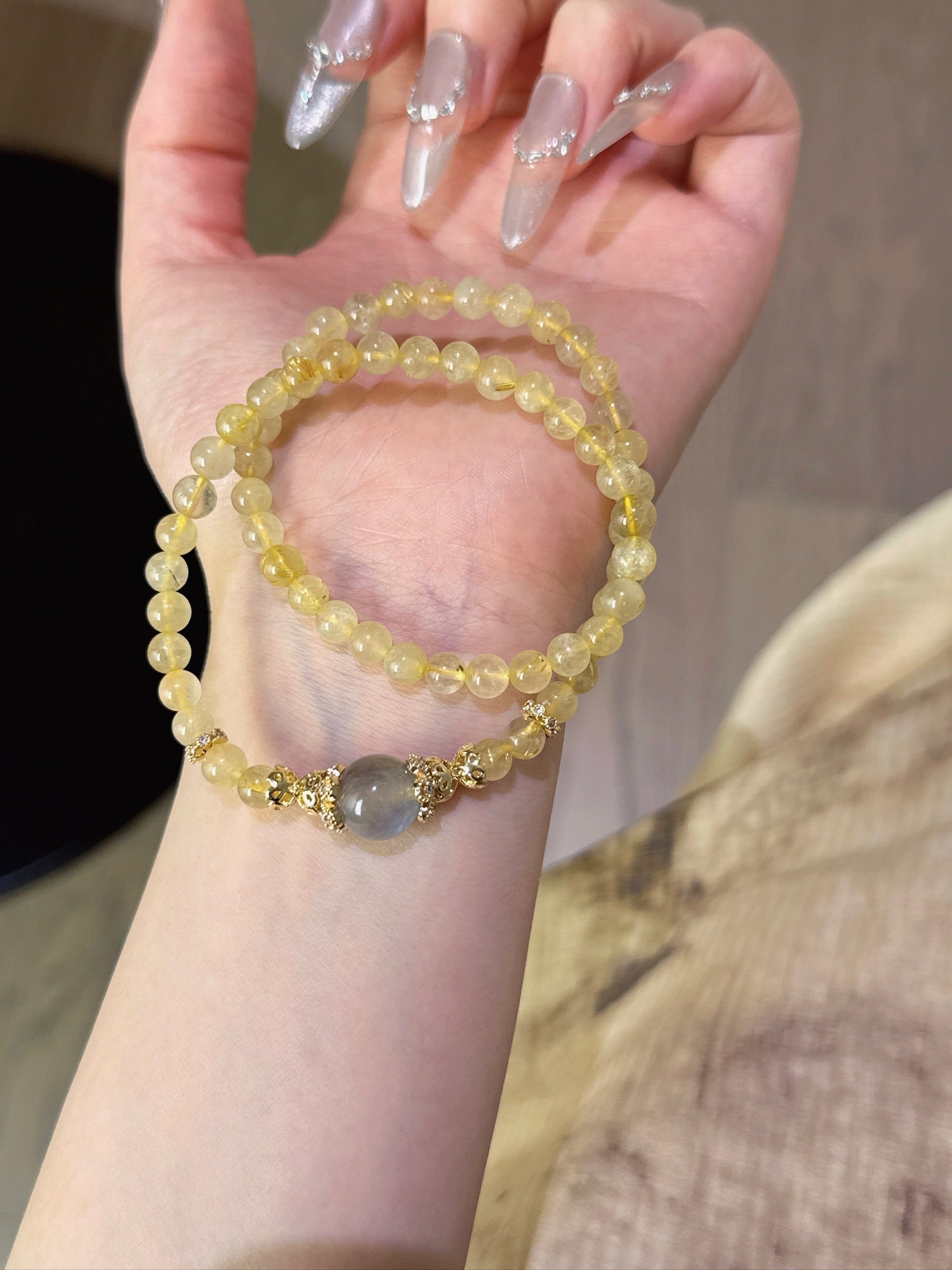 Golden Rutilated Quartz &amp; Gray Moonstone Bracelet