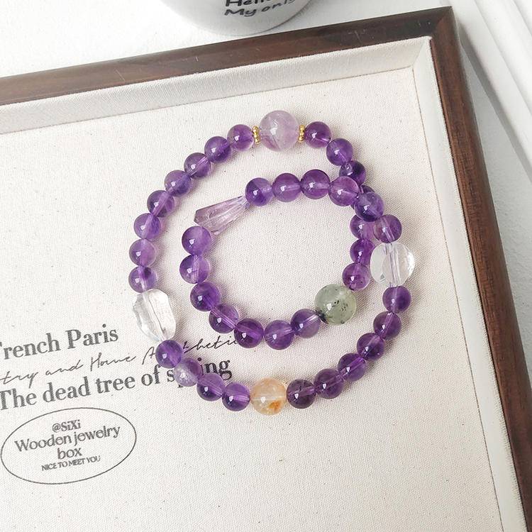 Designer Double Wrap Bracelet – Amethyst, Clear Quartz & Prehnite