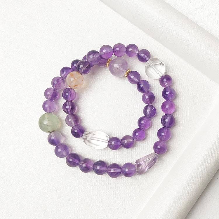 Designer Double Wrap Bracelet – Amethyst, Clear Quartz & Prehnite