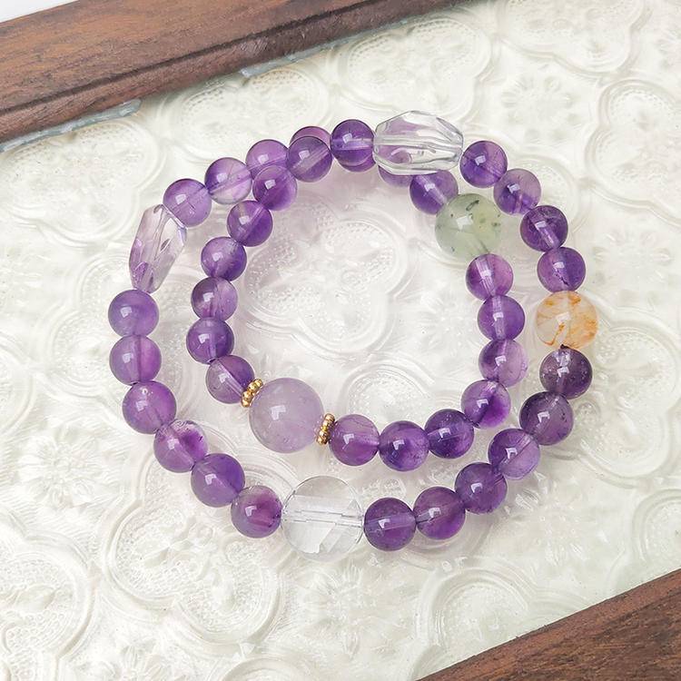 Designer Double Wrap Bracelet – Amethyst, Clear Quartz & Prehnite