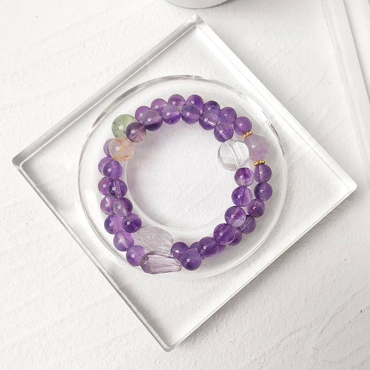 Designer Double Wrap Bracelet – Amethyst, Clear Quartz & Prehnite