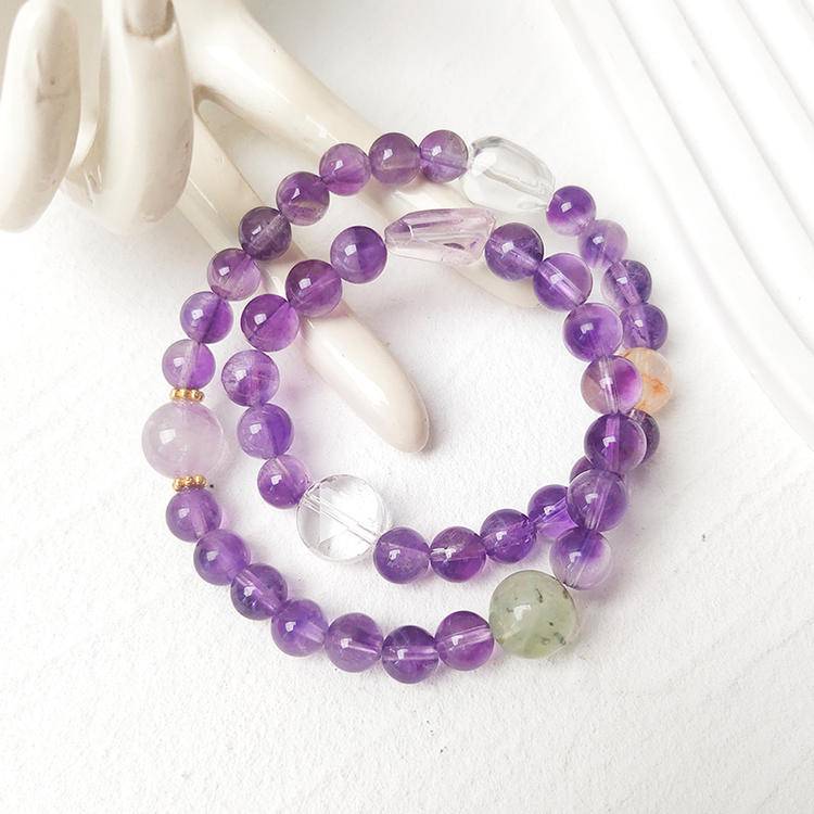 Designer Double Wrap Bracelet – Amethyst, Clear Quartz & Prehnite